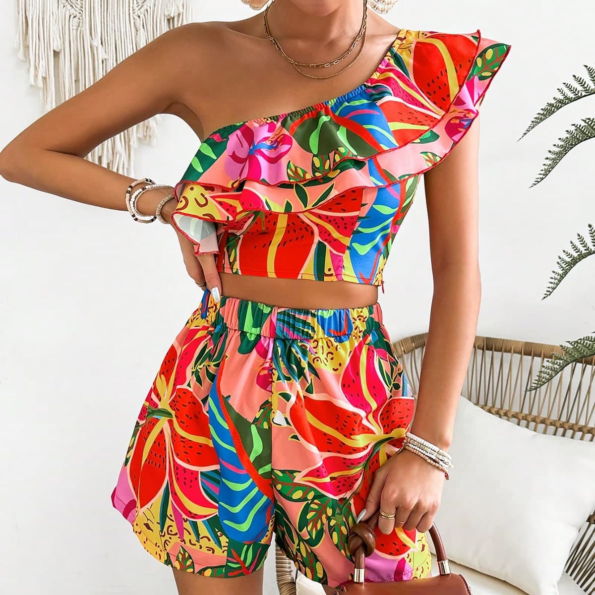 Ensemble haut à une épaule et short imprimé tropical pour femmes, parfait pour les vacances