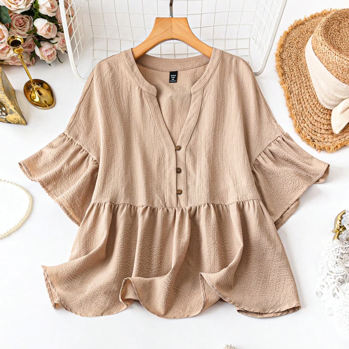 Chemise kaki ample décontractée pour femmes de grande taille pour des vacances décontractées d'été, vêtements pour femmes d'été, hauts pour