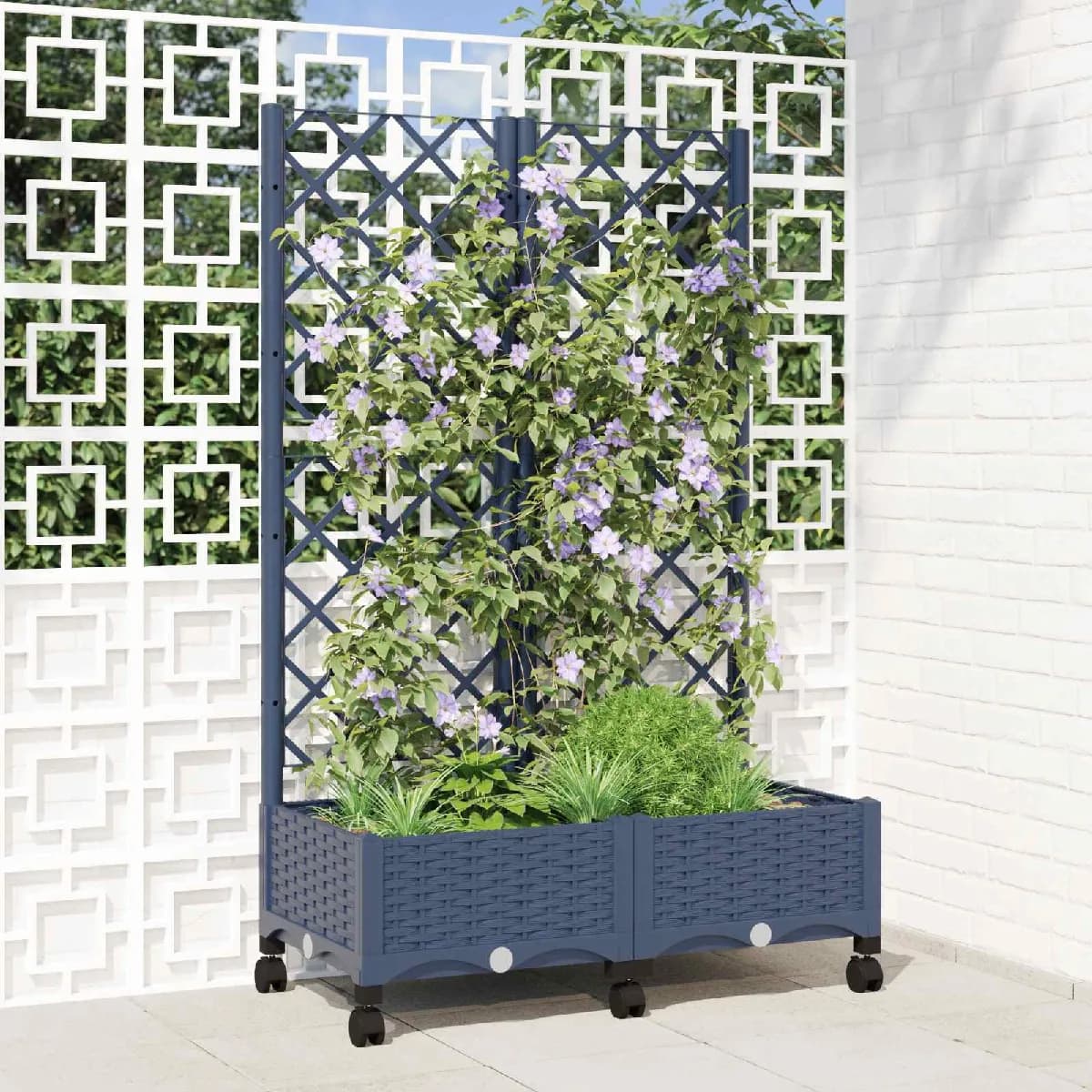 vidaXL Bac de jardin avec treillis et roues Gris Bleu PP