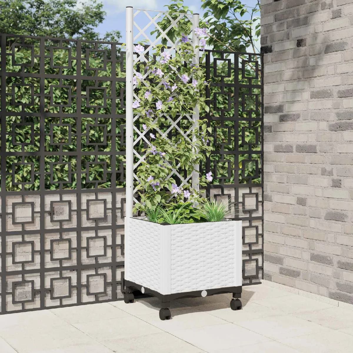 vidaXL Bac de jardin avec treillis et roues Blanc 40 x 40 x 146 cm PP