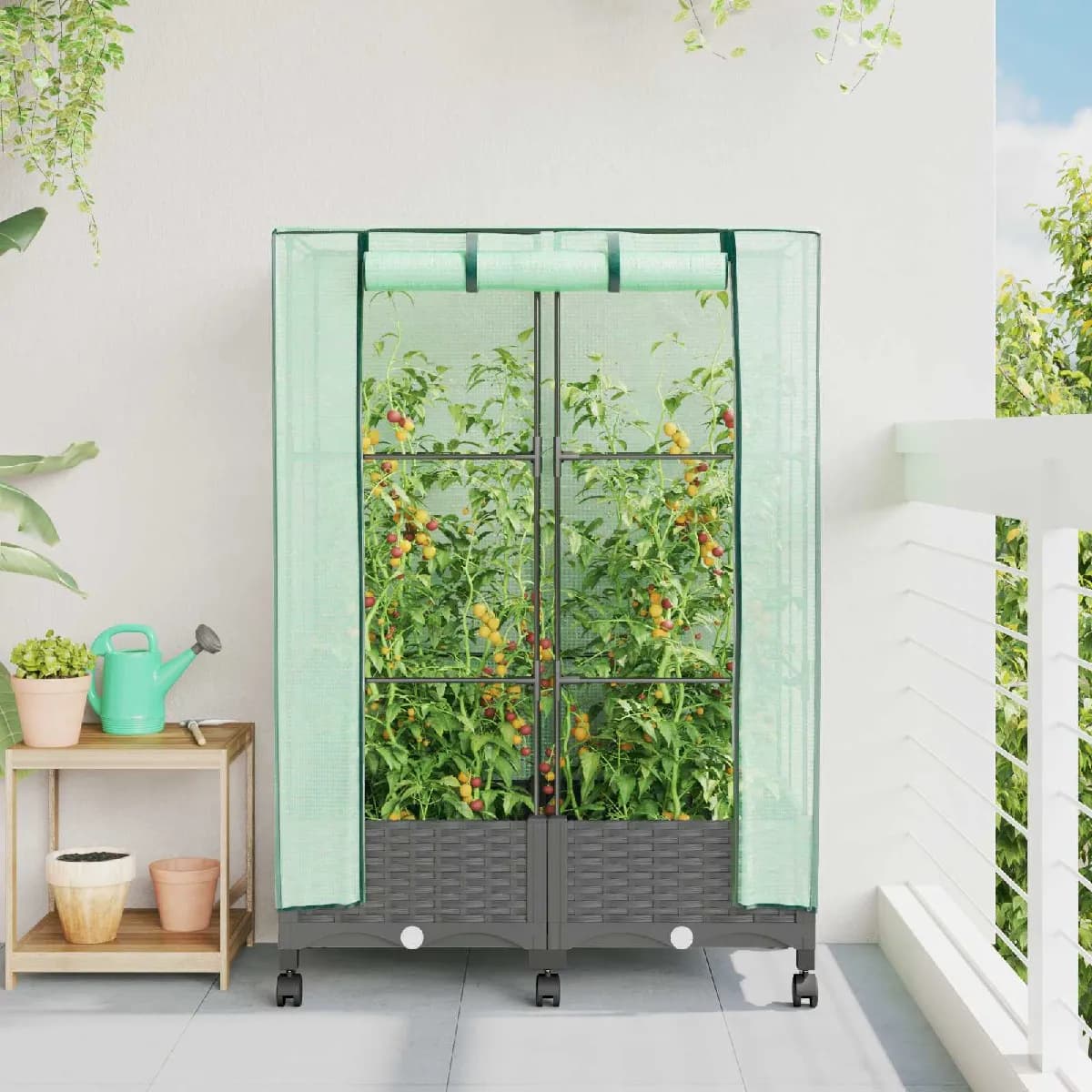 vidaXL Jardinière de jardin avec couverture de serre et roues 2 pc PP